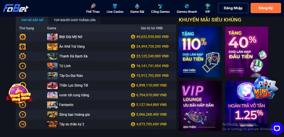 Giao diện lựa chọn game bài trong sảnh